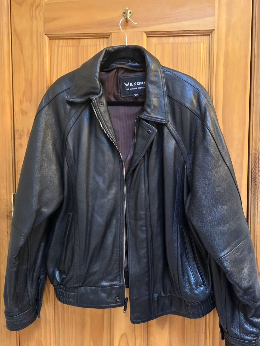 Wilsons Leather Black Leather Bomber Jacket with Brown Lining